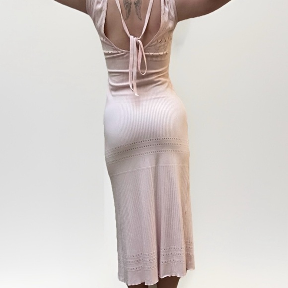 Free People Light Pink Bodycon Stretch Midi Maxi Long Dress Short Sleeve M/L - Picture 3 of 9